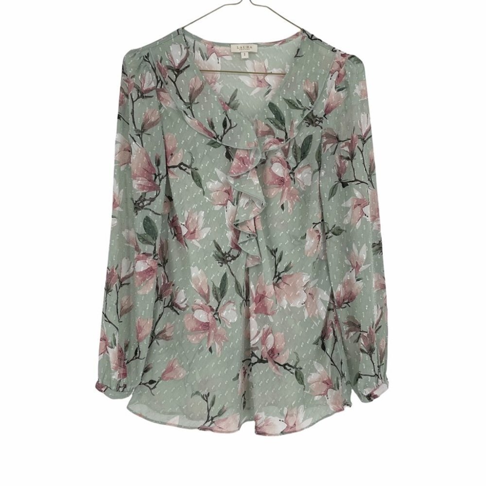 Laura Pastel green pink textured sheer  floral top
